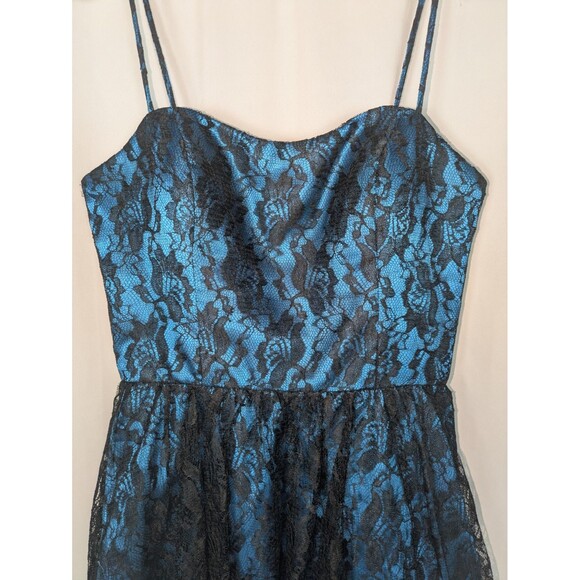 Vintage Deb Dress 7/8 Junior's Blue Lace Overlay Spaghetti Strap Mini Prom Hoco - Picture 3 of 9